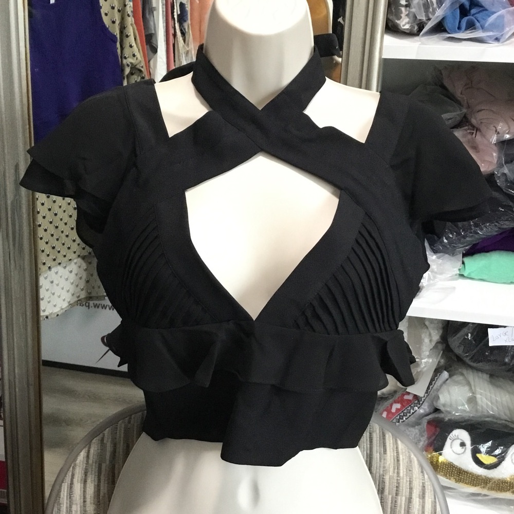 NWT Nasty Gal Crop Black Rufled Blouse Small